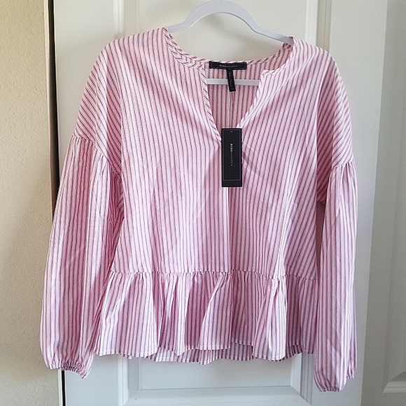 BCBGMAXAZARIA Pink & White Striped Peplum top - Picture 1 of 5